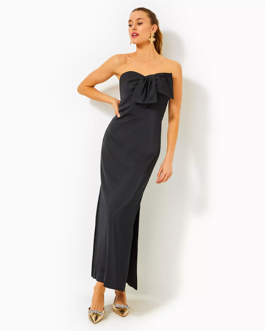 Carlynn Satin Maxi Bow Dress - Noir - 4