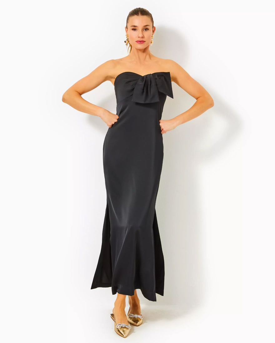 Carlynn Satin Maxi Bow Dress - Noir - 6