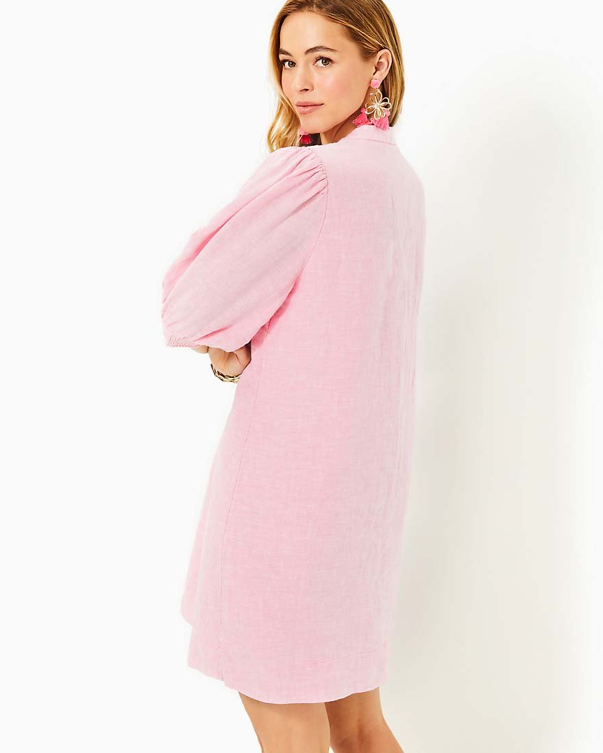 Mialeigh Elbow Sleeve Linen Dress - Conch Shell Pink X Resort White - 2