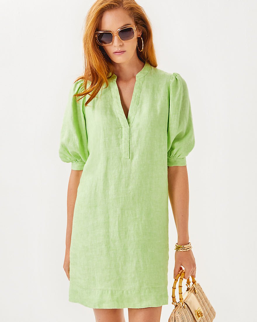 Mialeigh Elbow Sleeve Linen Dress - Jade Lime X Resort White - 1