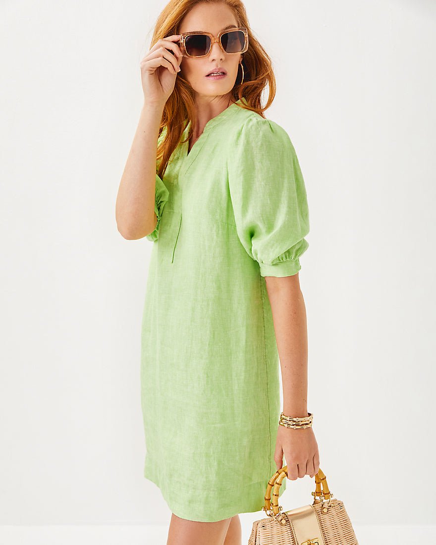 Mialeigh Elbow Sleeve Linen Dress - Jade Lime X Resort White - 3