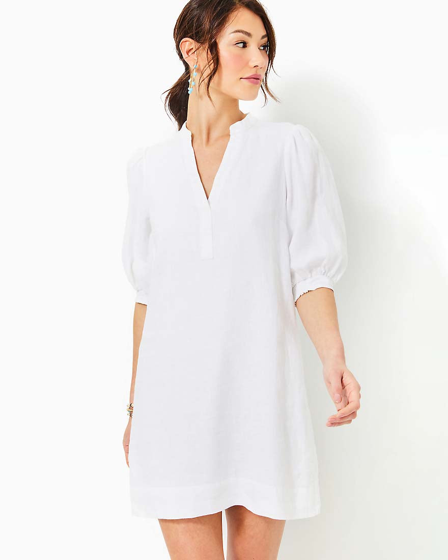 Mialeigh Elbow Sleeve Linen Dress - Resort White