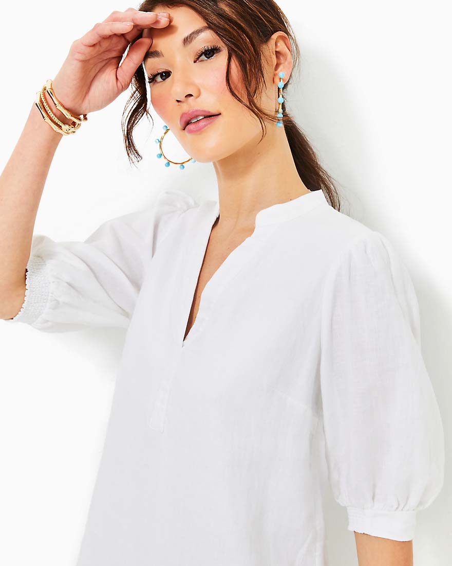 Mialeigh Elbow Sleeve Linen Dress - Resort White