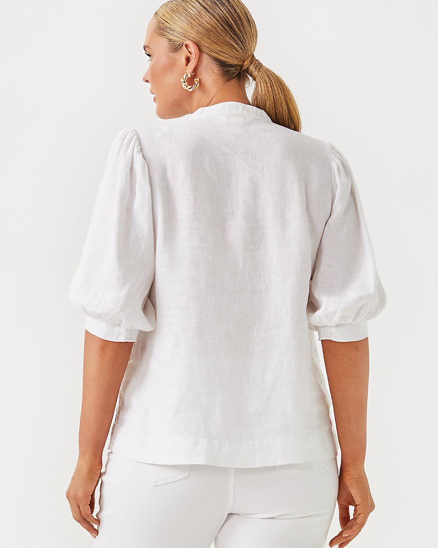 Mialeigh Elbow Sleeve Linen Top - Resort White