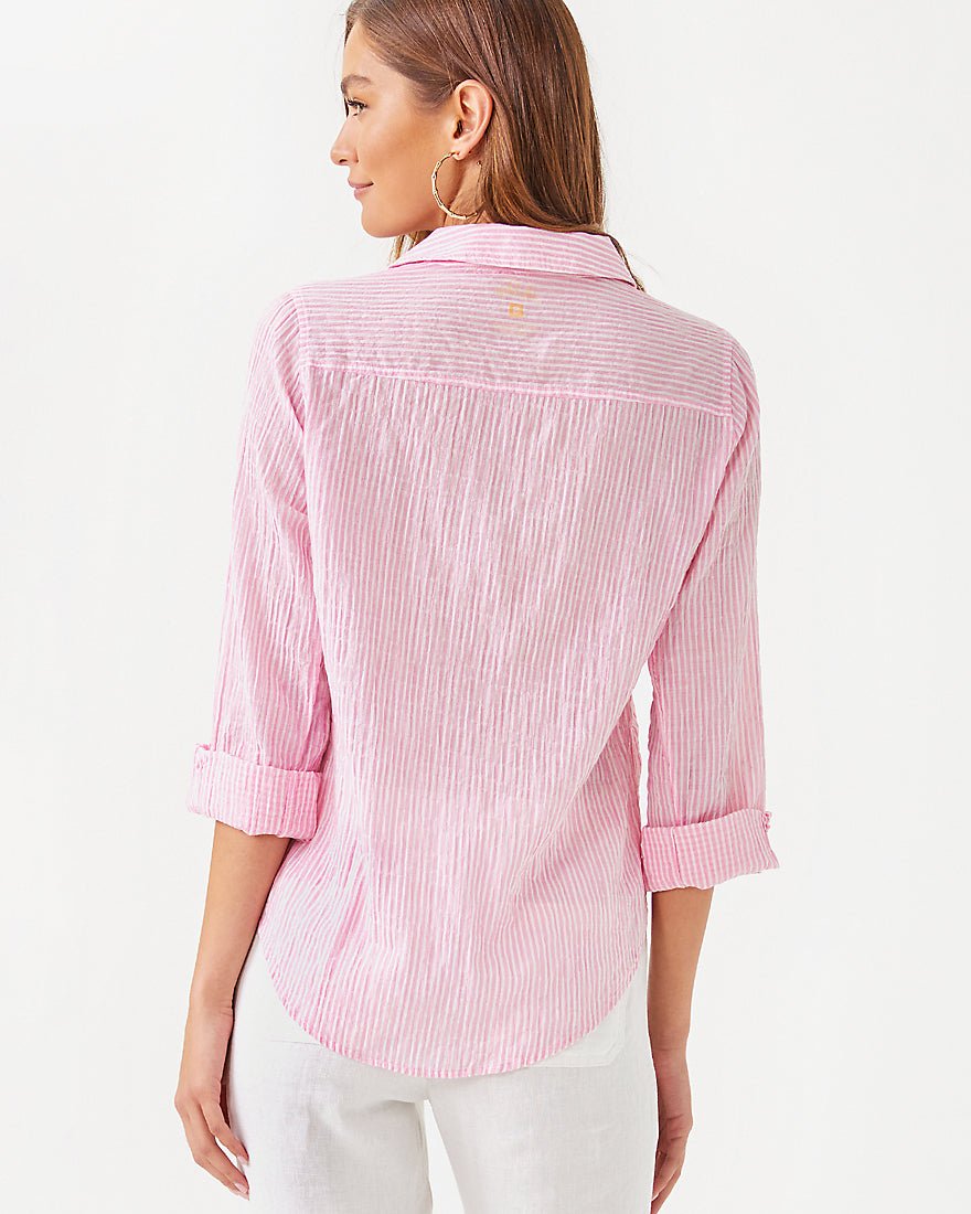 Sea View Button Down Top - Conch Shell Pink Ltwt Oxford Stripe