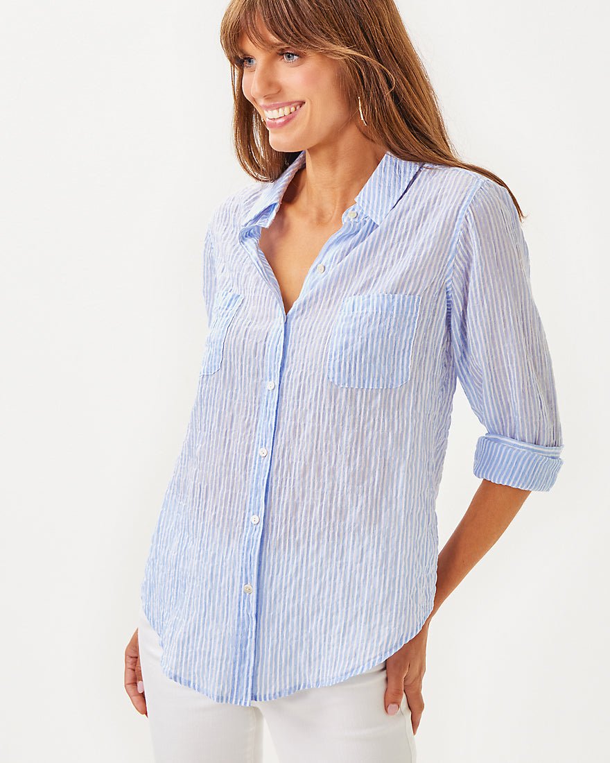 Sea View Button Down Top - Jacaranda Blue Ltwt Oxford Stripe