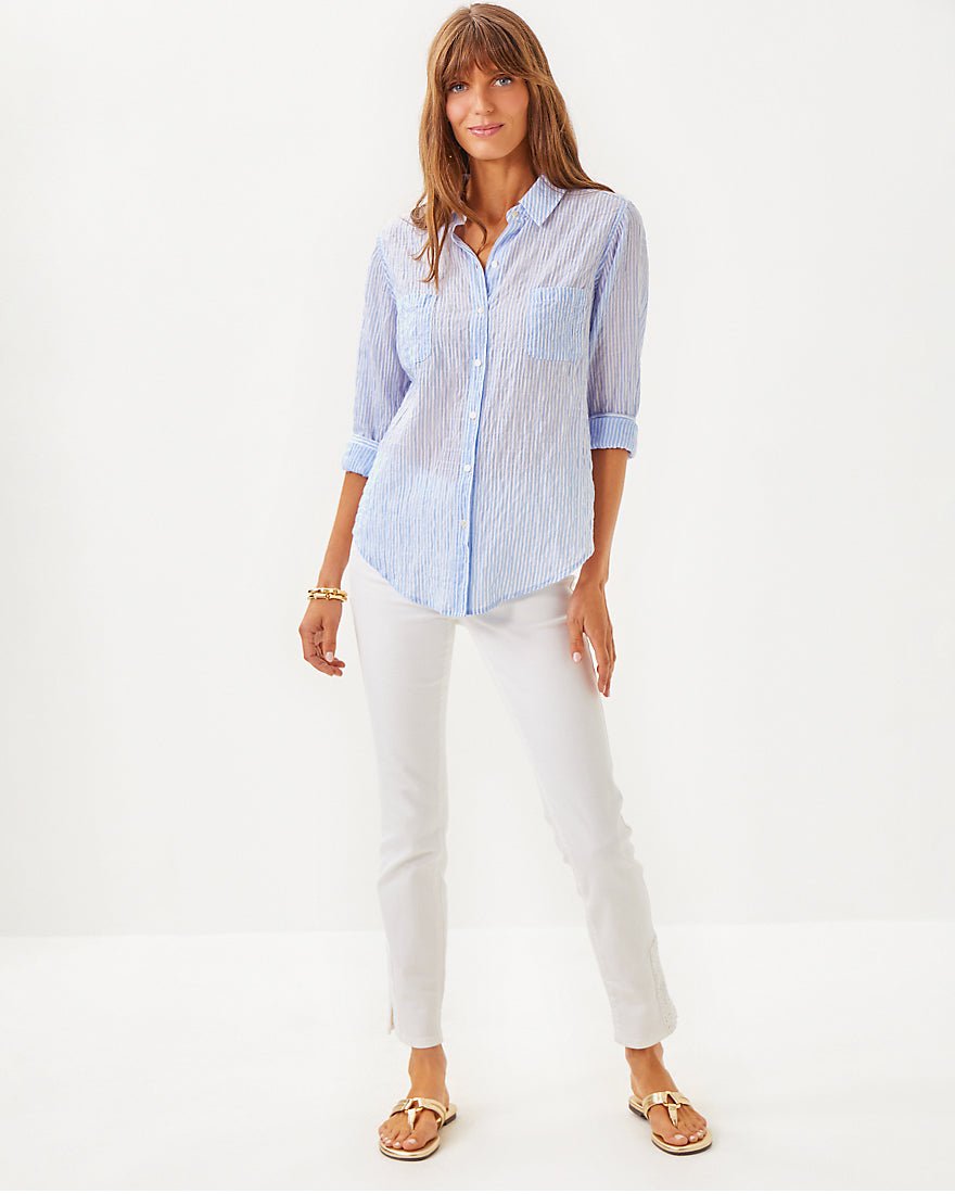 Sea View Button Down Top - Jacaranda Blue Ltwt Oxford Stripe