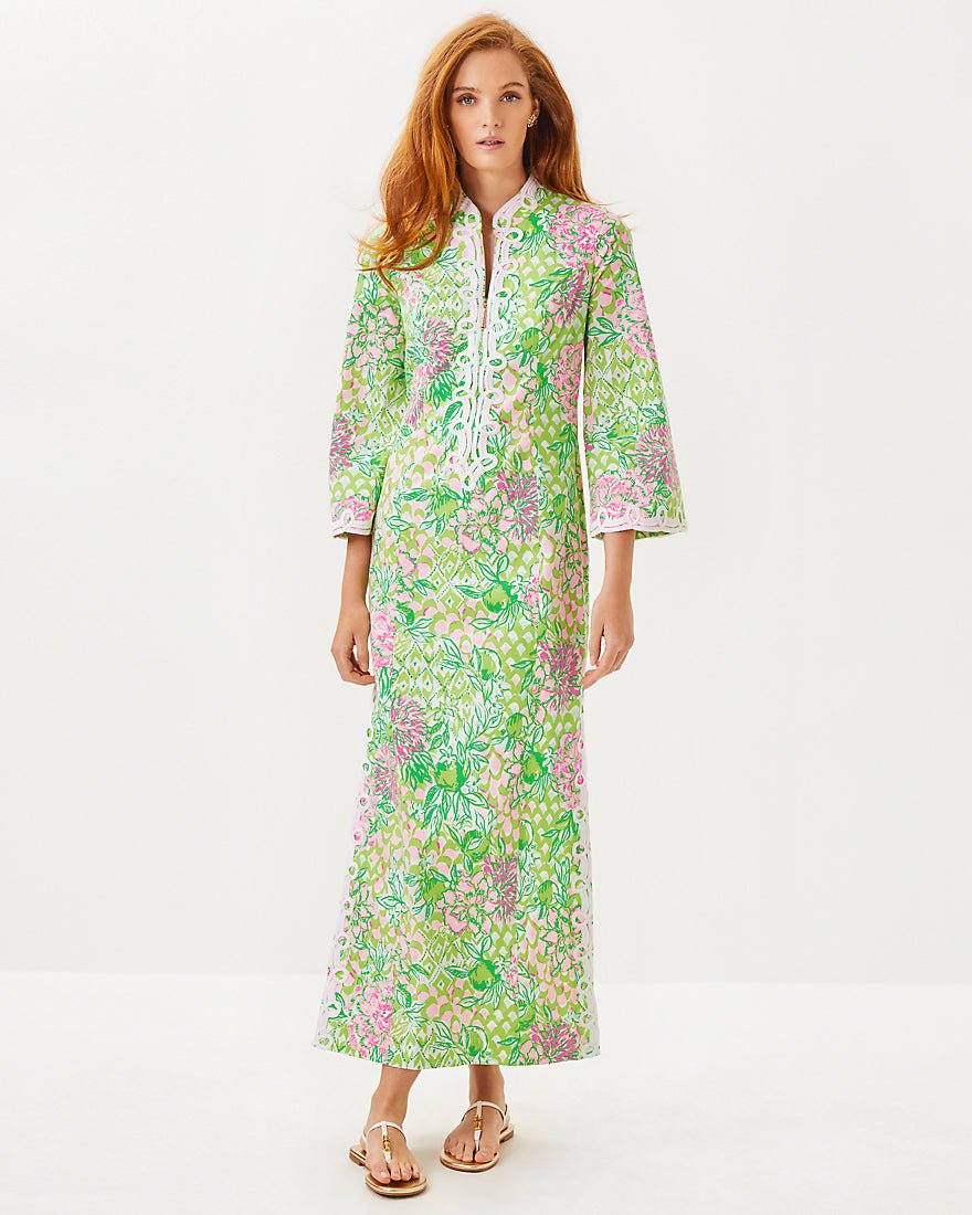 Shealyn Three Quarter Sleeve Stretch Cotton Maxi Caftan Dress - Fauna Green Lime Feeling Good