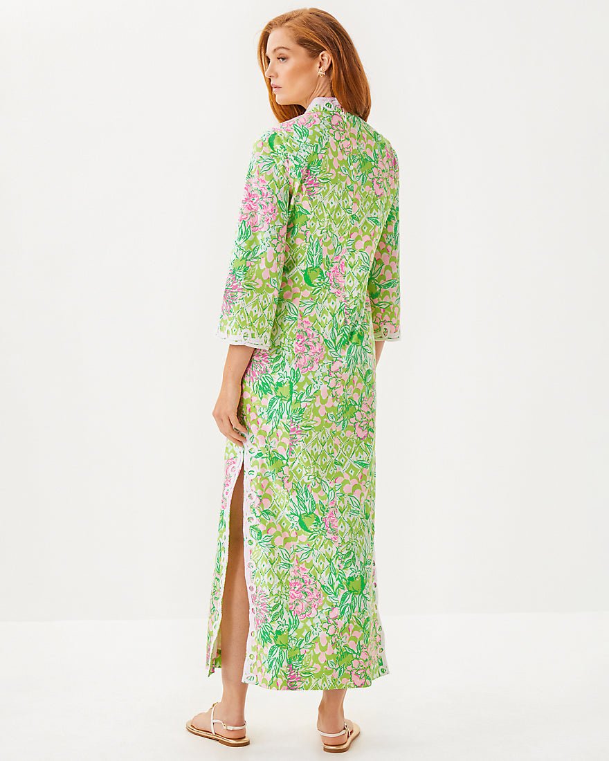 Shealyn Three Quarter Sleeve Stretch Cotton Maxi Caftan Dress - Fauna Green Lime Feeling Good