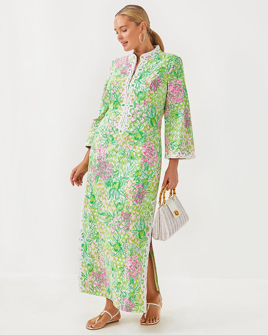 Shealyn Three Quarter Sleeve Stretch Cotton Maxi Caftan Dress - Fauna Green Lime Feeling Good