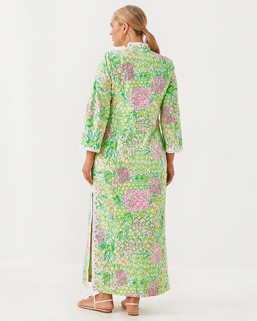 Shealyn Three Quarter Sleeve Stretch Cotton Maxi Caftan Dress - Fauna Green Lime Feeling Good