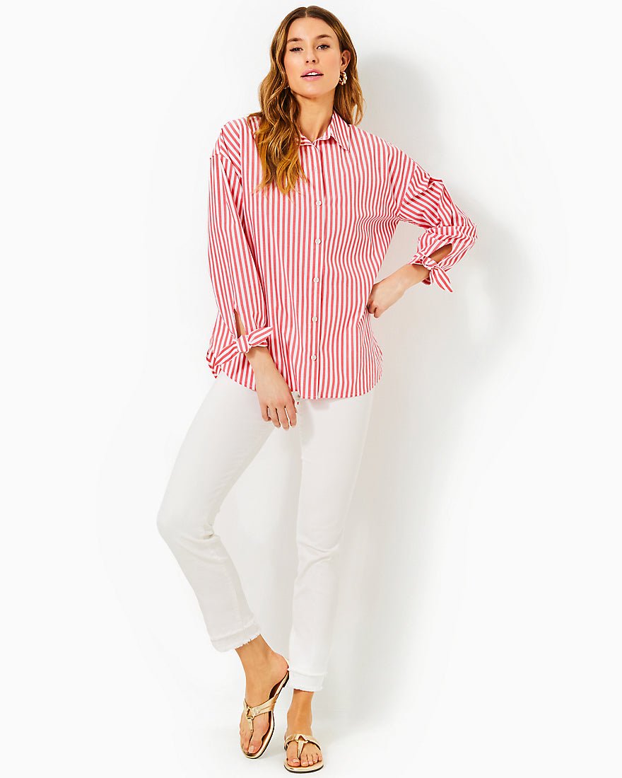 Lesia Relaxed Button Down Top - Rococo Red Cabana Stripe - 3