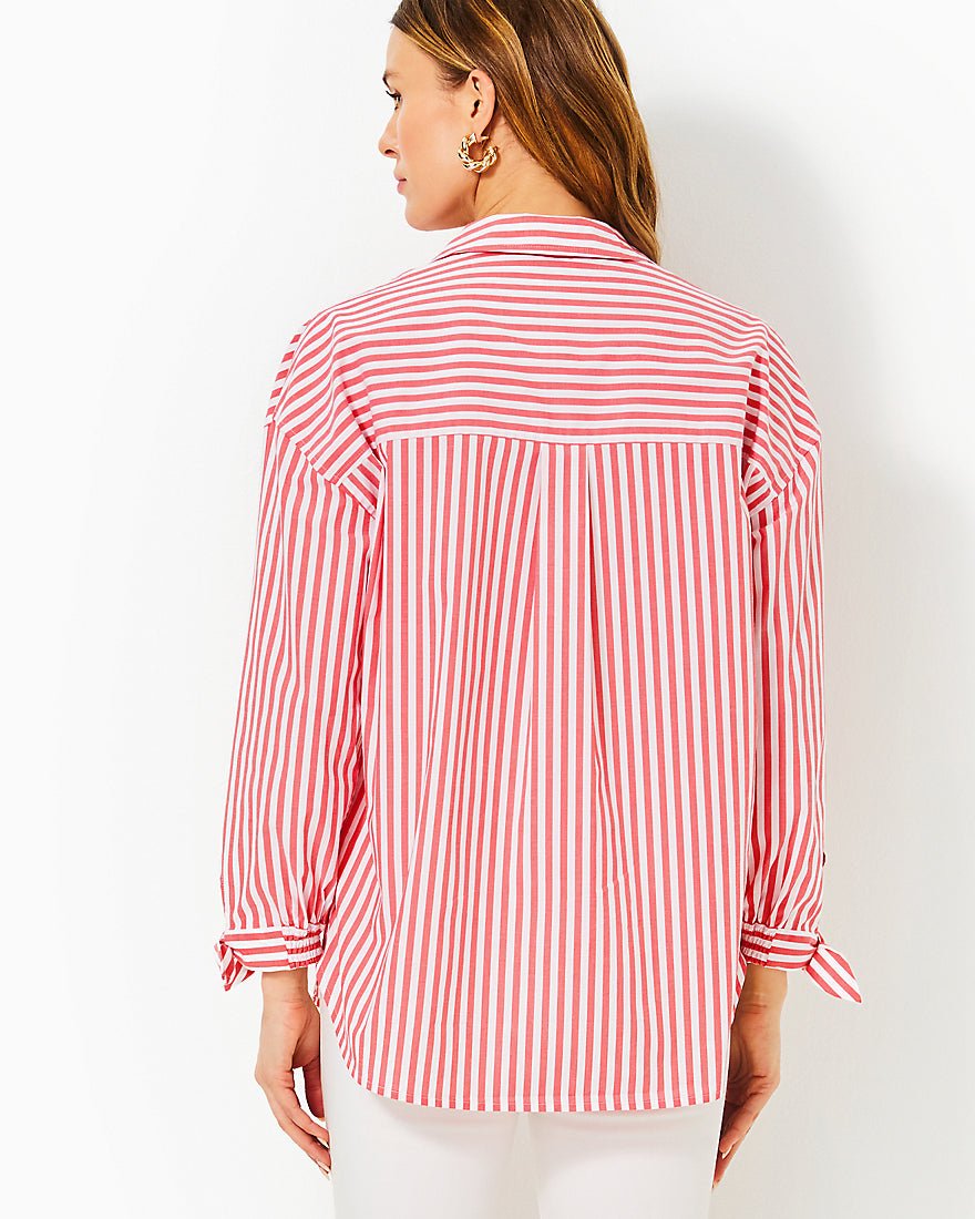 Lesia Relaxed Button Down Top - Rococo Red Cabana Stripe - 2