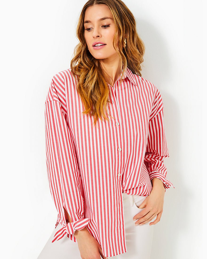 Lesia Relaxed Button Down Top - Rococo Red Cabana Stripe - 4